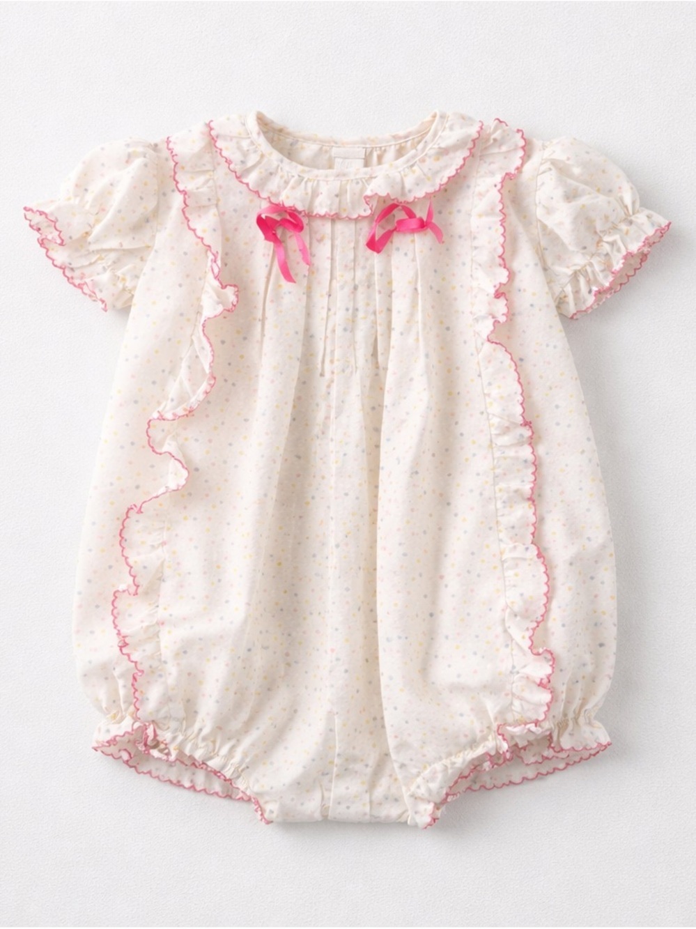 Vintage Comfy Lil Angel Ruffle Baby Bloomers - White with Pastel Dots/Pink Trim